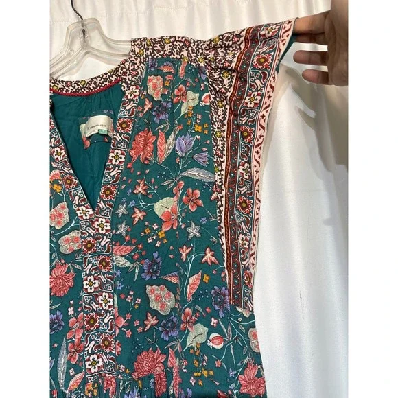 Anthropologie A+ Floral Print V Neck Mini Dress Green Red Boho Cottagecore - Picture 6 of 8
